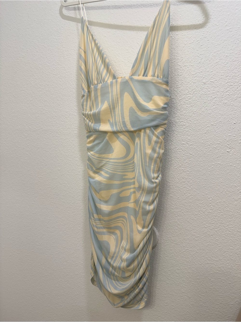 Y2K Pale Blue & Cream Swirl Midi Bodycon Dress S